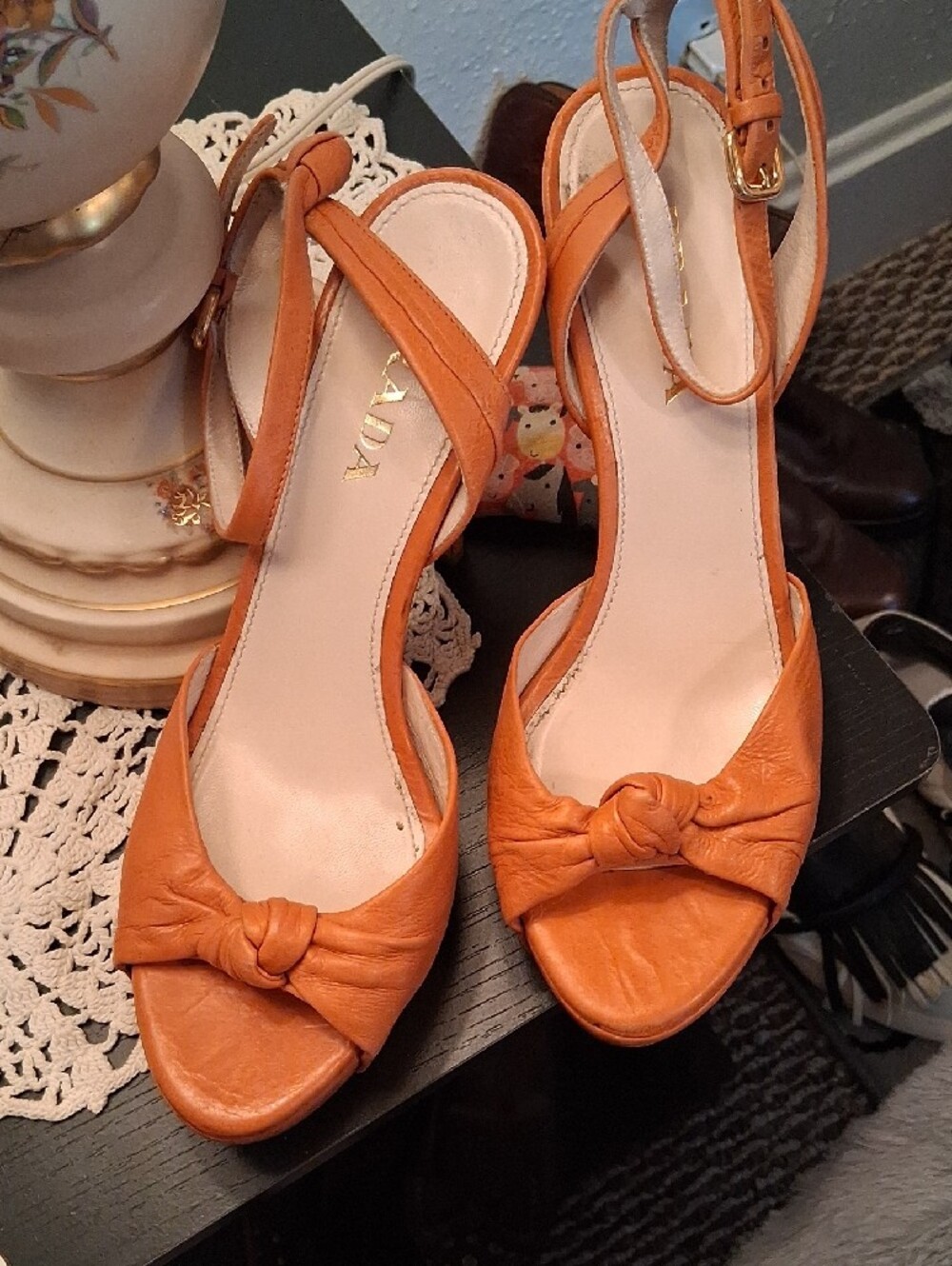 Prada Orange Knotted Slingback High Heels